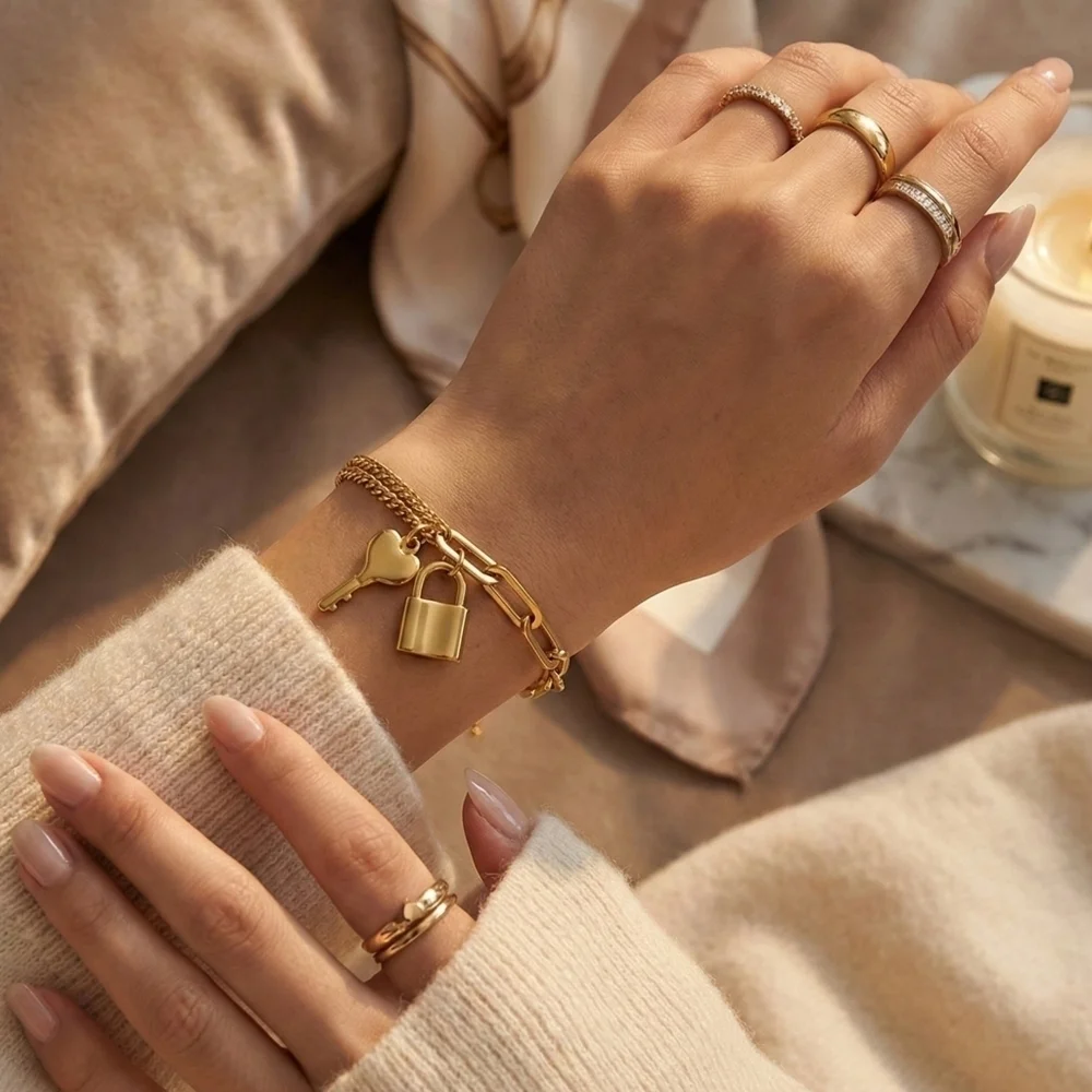 Coquette Y2K 18K Gold Padlock Heart Key Charm Layered Chain Bracelet Gift